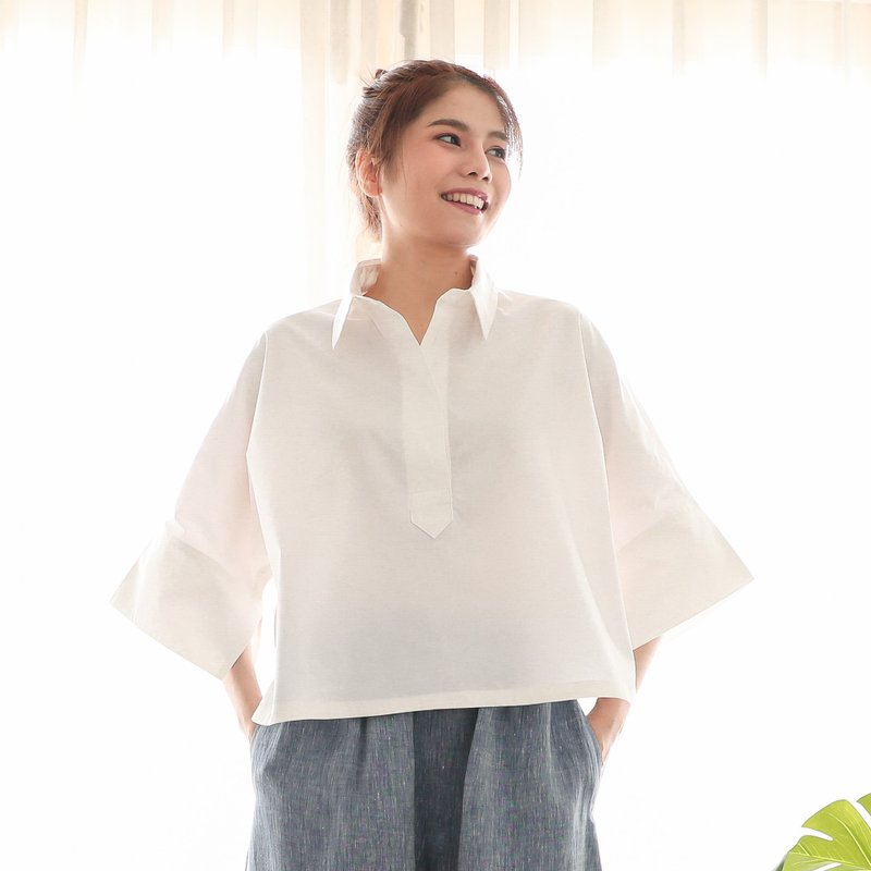 Cotton Shirt with wide sleeves White cotton lady shirt Minimal Shirt - White - 女襯衫 - 棉．麻 白色