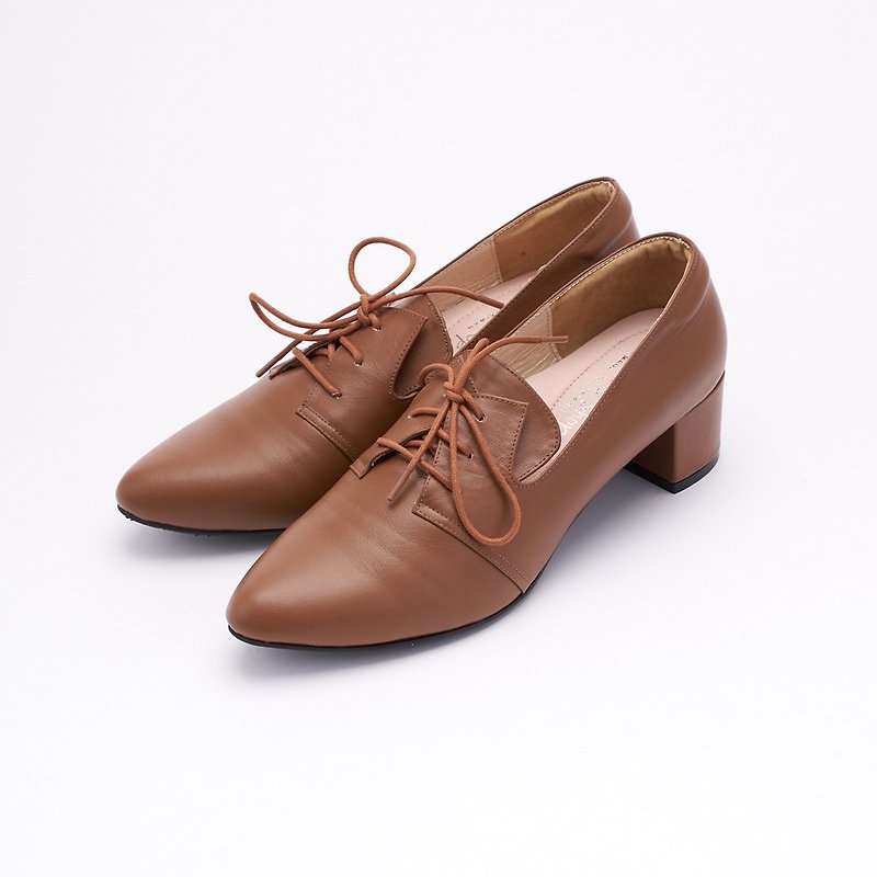 Large size women's shoes 41-45 Taiwan genuine leather handmade retro trend modern mid-heel derby shoes 4.5cm brown - Women's Oxford Shoes - Genuine Leather Brown