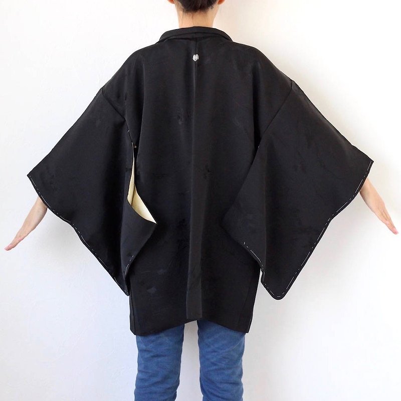 black leaves haori, kimono jacket, black kimono top, traditional Japanese /2888 - Women's Casual & Functional Jackets - Silk Black