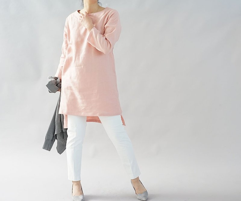 linen / linen dress / short length / long sleeve / pink / t1-36 - One Piece Dresses - Cotton & Hemp Pink