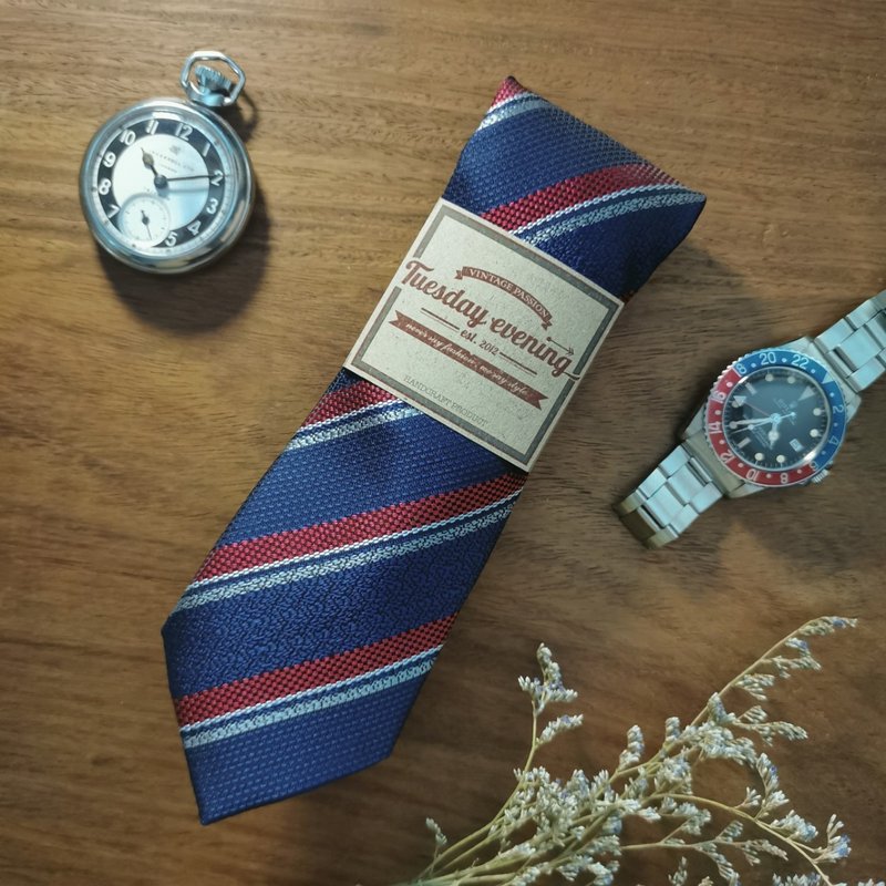 Necktie Navy Blue with Red-White Stripe - 領帶/領帶夾 - 聚酯纖維 藍色