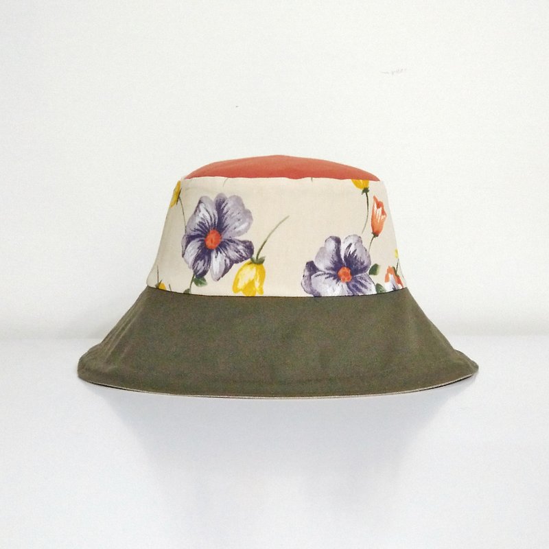 小牛村 手工帽子 遮陽帽 漁夫帽 古典復古【橘綠花藤】 - 帽子 - 棉．麻 黃色