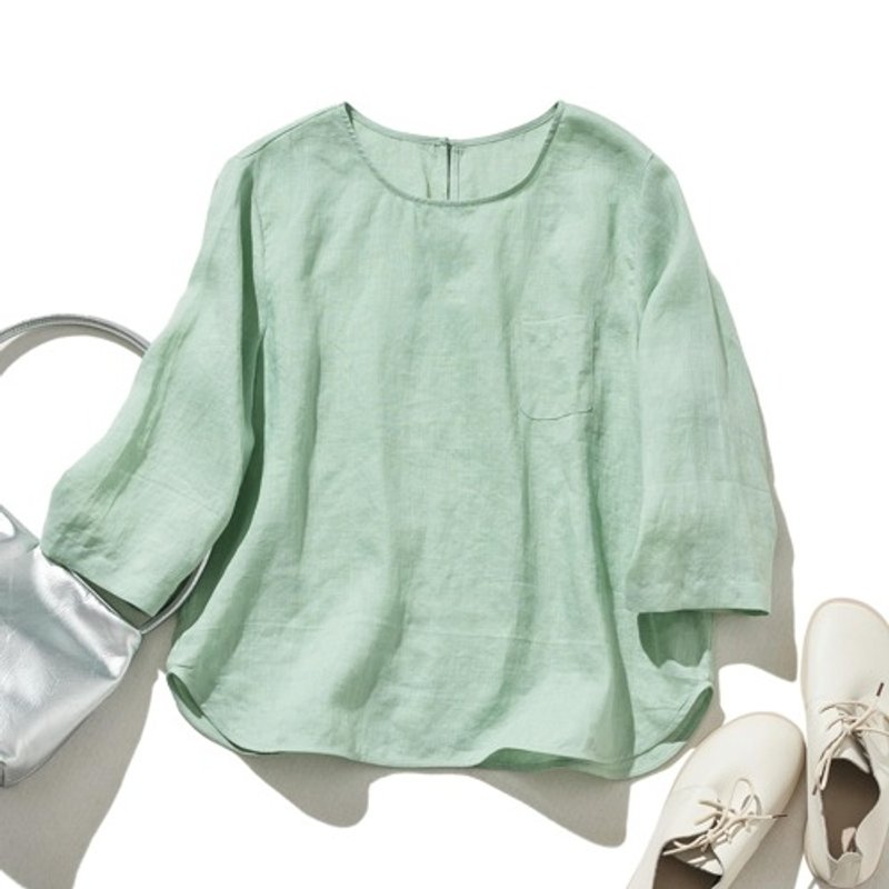 Pure Linen Texture, Three-Quarter Sleeve Shirt, Breathable, Skin-Friendly, Lightweight Comfort, Summer Essential, Light Green, 240517-3 - Women's Tops - Cotton & Hemp 