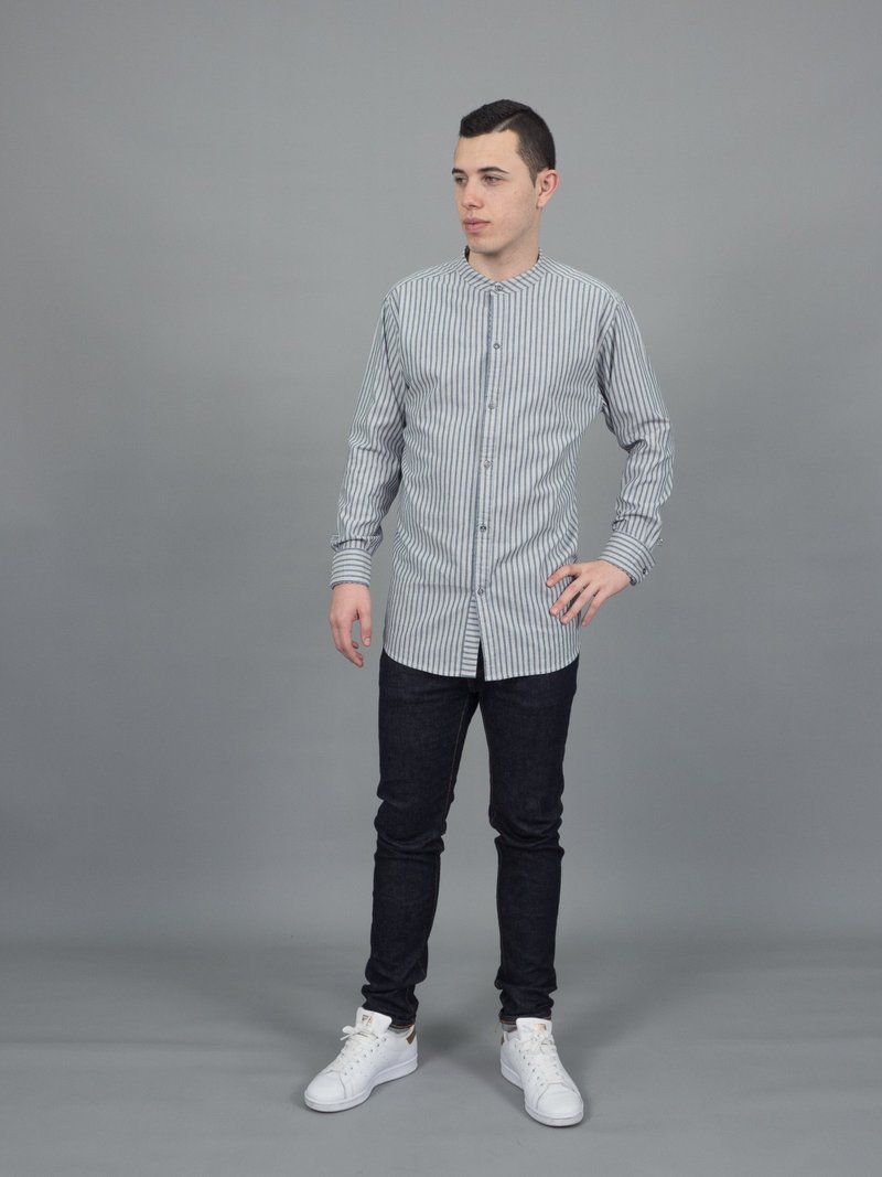Mandarin stripe (Grey, Long Sleeve) (2 Pcs.) 長袖襯衫 - 男襯衫/休閒襯衫 - 棉．麻 銀色