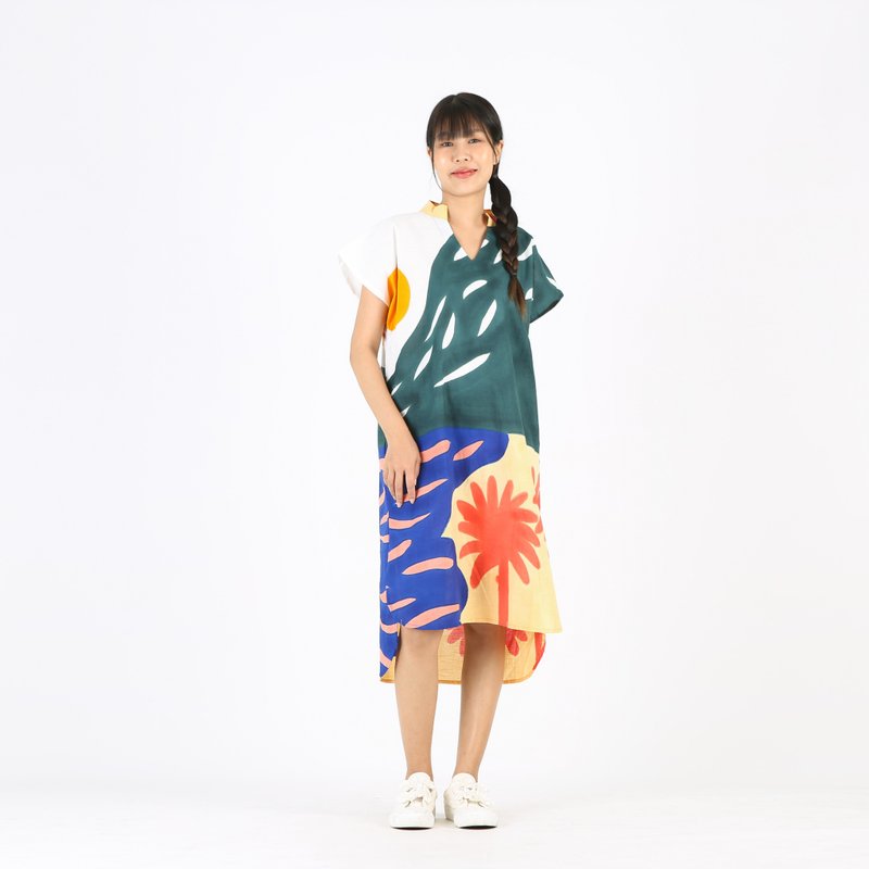 Short Dress V Nack Linen Hand Paint Free Size - 洋裝/連身裙 - 棉．麻 綠色
