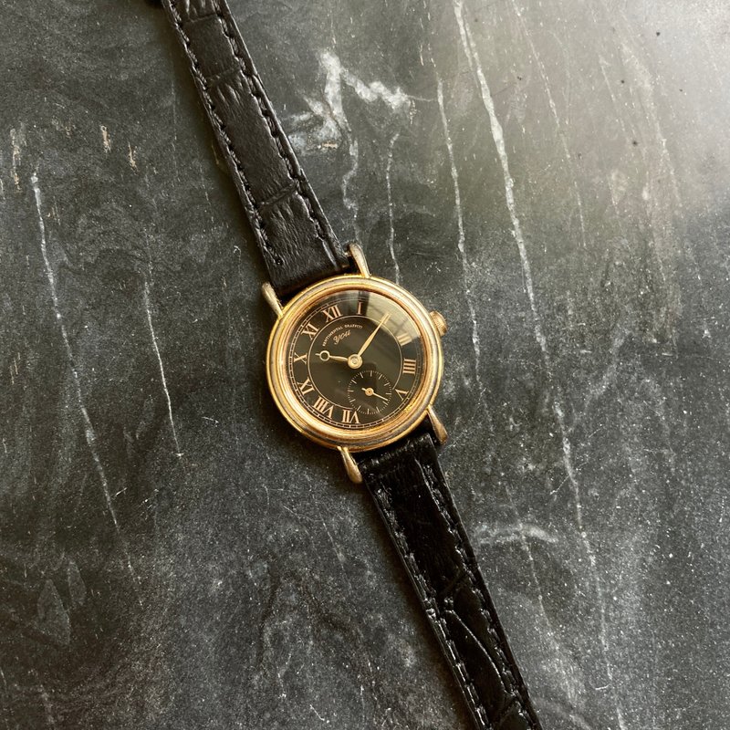 YOU 日本 秒針設計 石英錶 真皮錶帶 古董錶 vintage 復古 - 女錶 - 其他金屬 黑色