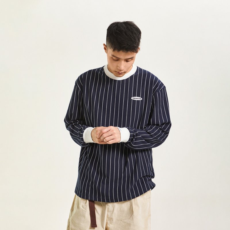 THREADESIGN LOGO刺繡撞色羅紋豎條紋長袖圓領T恤 - 男 T 恤 - 棉．麻 白色