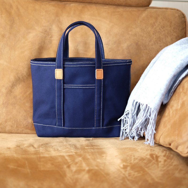 Leather and Canvas Tote Bag/Navy - Handbags & Totes - Cotton & Hemp Blue