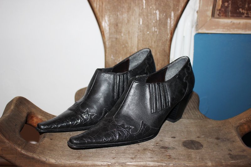 S106 (Vintage) [Italian soles mark] black shoes Kogan (23.5cm) (Made in Italy) Size: 37 - รองเท้าลำลองผู้หญิง - หนังแท้ สีดำ