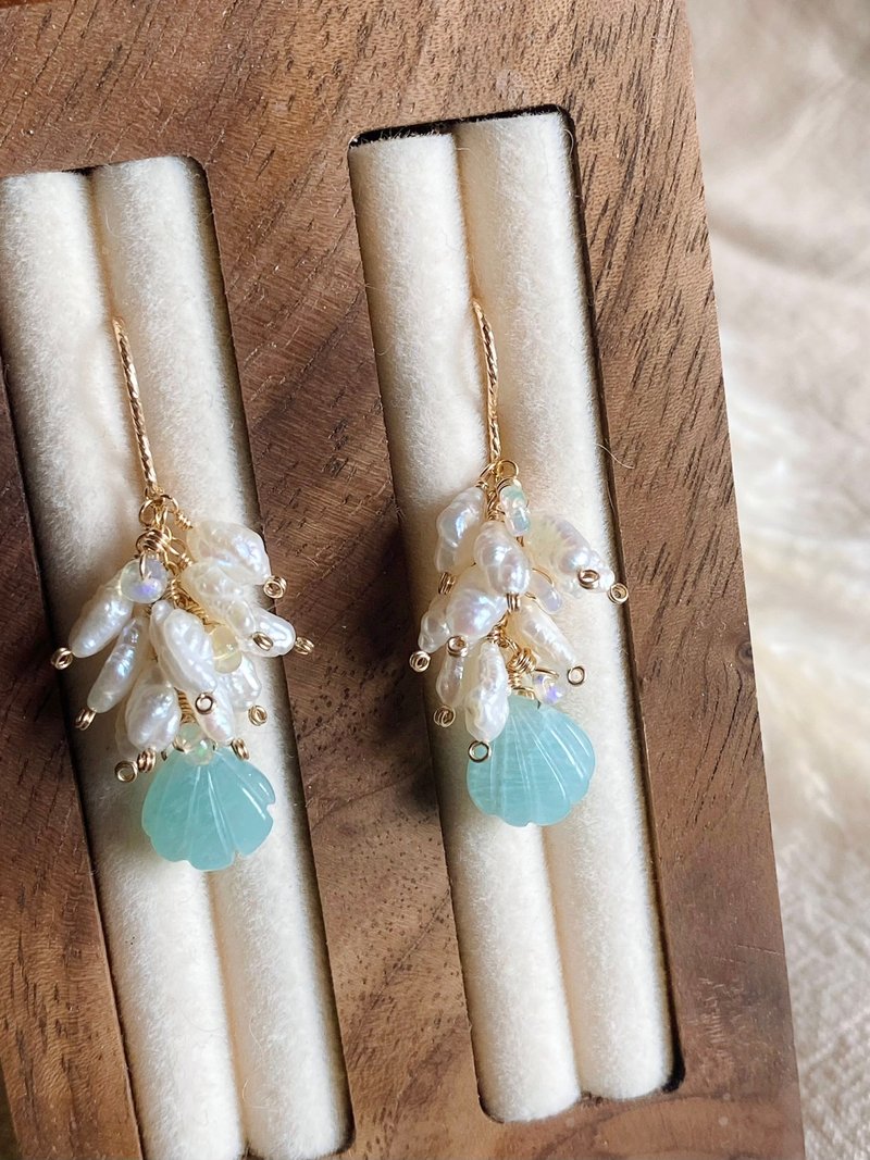 天河石小貝殼 歐泊蛋白石 野生無核天然珍珠 || 14KGF注金 耳環 - 耳環/耳夾/耳骨夾 - 珍珠 多色