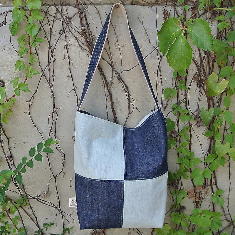 Denim dark blue stitching side backpack - Messenger Bags & Sling Bags - Cotton & Hemp Blue
