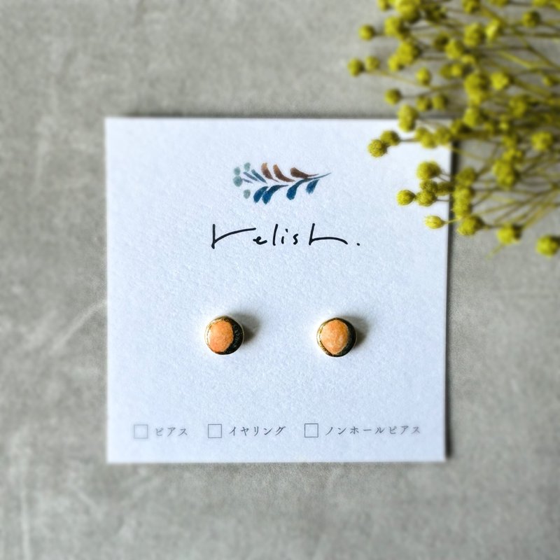 [Resale] Small, painted, ceramic, gold-lacquered, lined, pierced Clip-On , non-pierced earrings, green, orange, gold, small, simple, office, gift - ต่างหู - ดินเผา สีส้ม