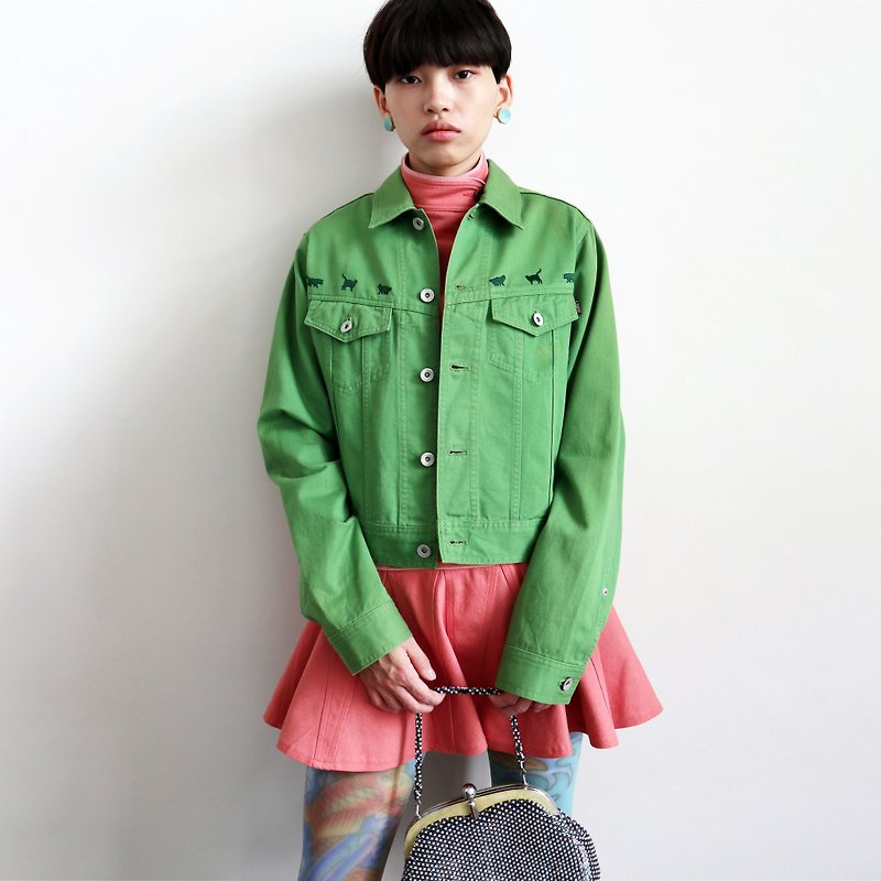 Pumpkin Vintage. Ancient kitten embroidered denim jacket - Women's Casual & Functional Jackets - Other Materials Green