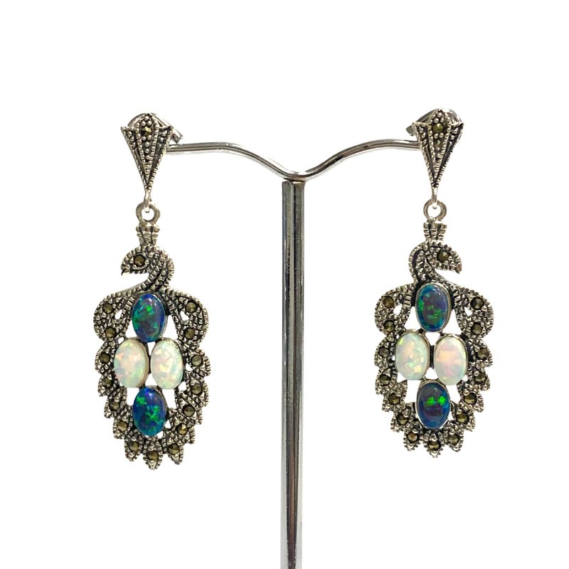Art Nouveau Style Peacock Gilson Opal Pendant and Earrings 925 Sterling Silver - 耳環/耳夾/耳骨夾 - 純銀 銀色