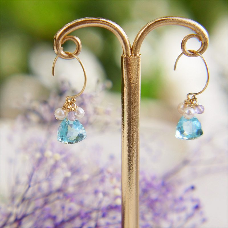 Original | Aozora sky blue quartz Stone freshwater pearl 14k gold-delicate little Brown child ear clip earrings - ต่างหู - เครื่องประดับพลอย สีน้ำเงิน