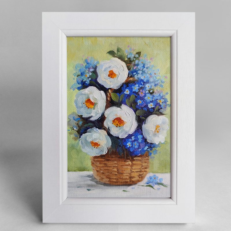 Flower bouquet Oil Painting on canvas Framed Original Rosehip and forget-me-nots - Posters - Cotton & Hemp 