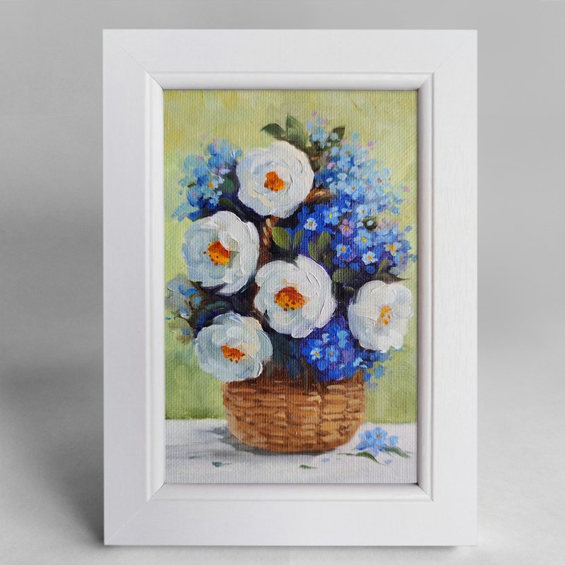 Flower bouquet Oil Painting on canvas Framed Original Rosehip and forget-me-nots - Posters - Cotton & Hemp 