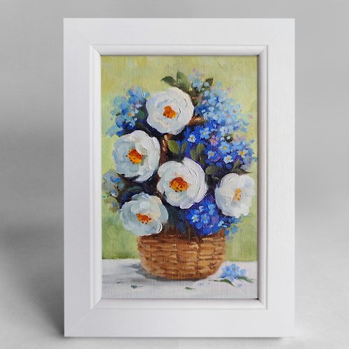 VeraNord 鲜花花束油画在画布上框架原始玫瑰果和勿忘我