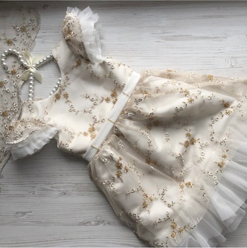 V.I.Angel Ivory and gold lace dress for baby girl. Baptism dress. Birthday dress.