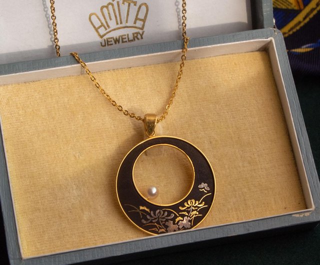 Damascene Kyoto Pendant Necklace 1950s Pendant 24K Gold Inlay Japanese Damascene Pendant