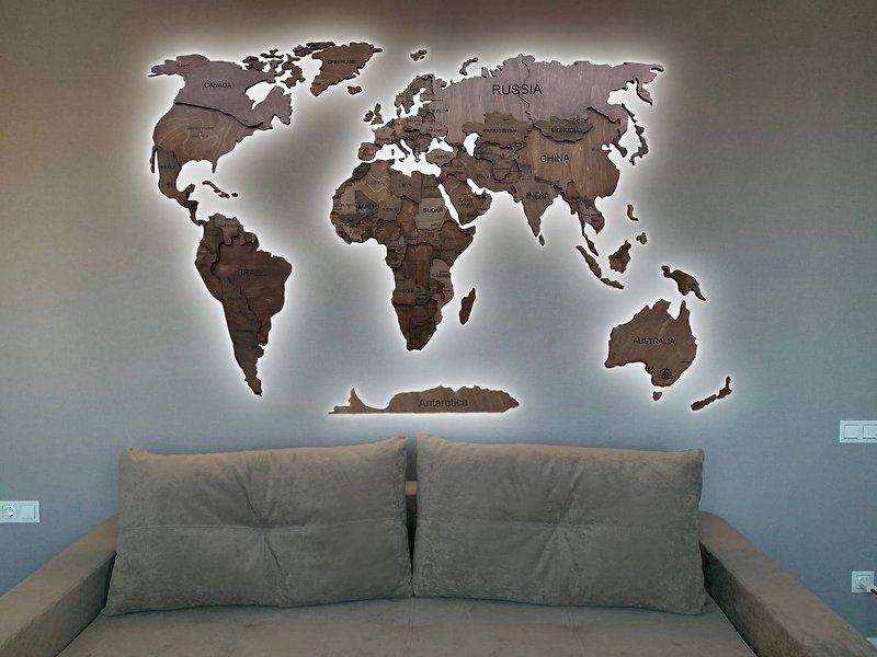 3D dark wood world travel map with LED - Rustic wall decor for home and office - 牆貼/牆身裝飾 - 木頭 咖啡色