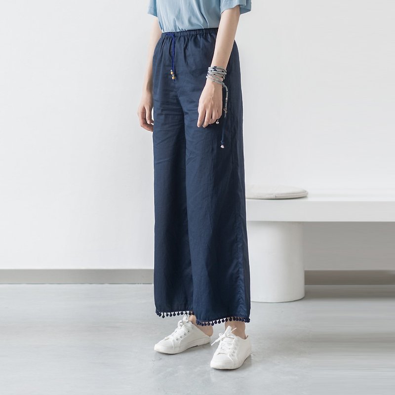 Imitation Tiansi texture cotton comfortable nine pants trousers small ball decoration P190326 - กางเกงขายาว - ผ้าฝ้าย/ผ้าลินิน สีน้ำเงิน