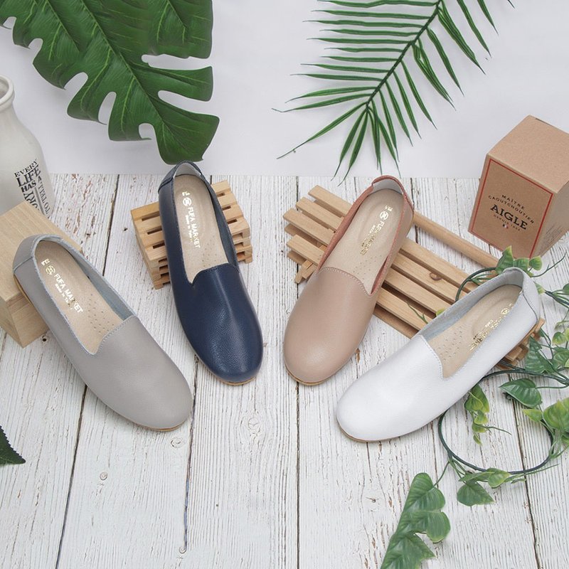 Leather Plain Simple Peas Shoes 1DR52 - รองเท้าบัลเลต์ - หนังแท้ ขาว