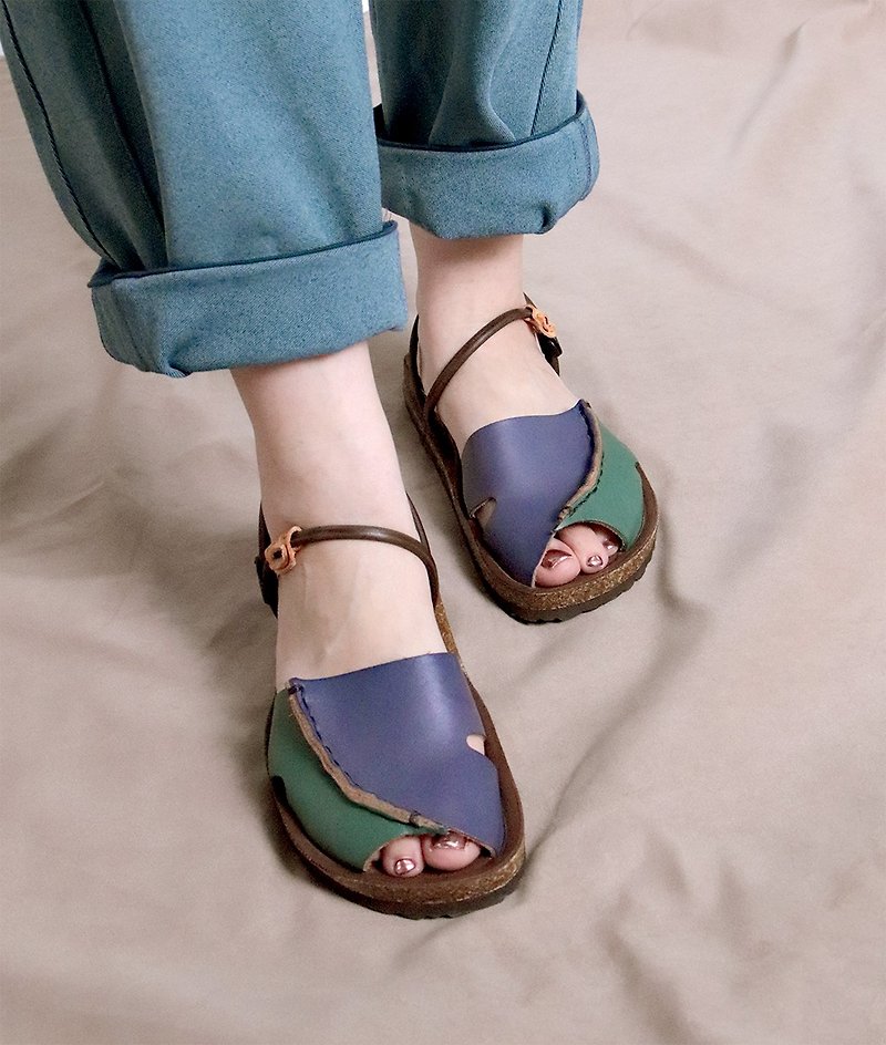 藍綠 - 拼接魚口涼拖鞋 #U251 - 女款休閒鞋 - 真皮 藍色