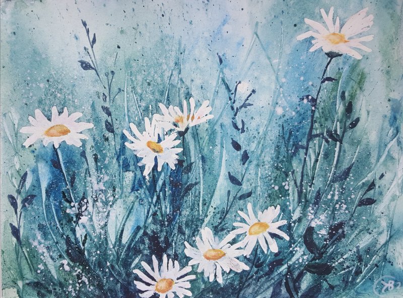 Daisies Watercolor Original Flower Painting Meadow painting - 海報/掛畫/掛布 - 紙 多色