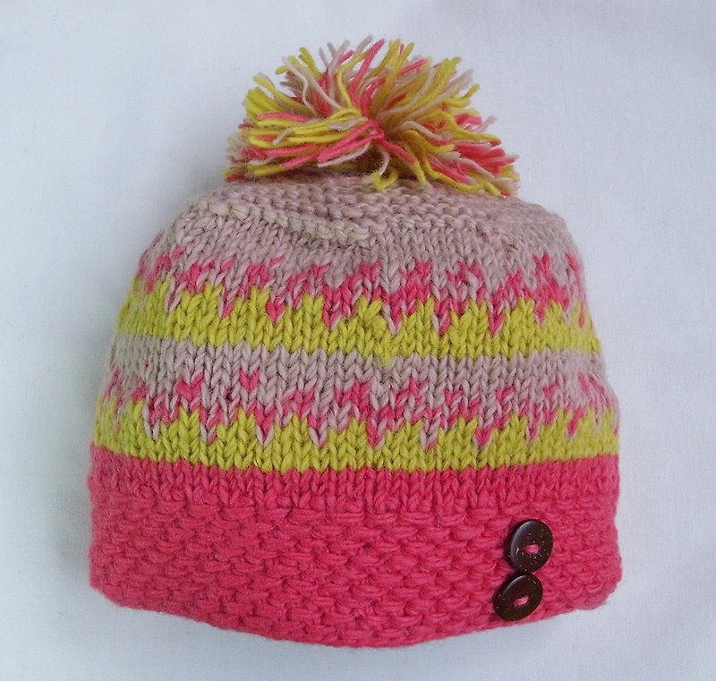Handmade Hand Knit Wool Beanie Hat with Pompom Pink Yellow - หมวก - ขนแกะ สึชมพู