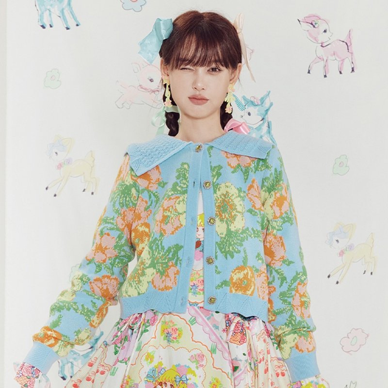 アウトレット品【テンテンツツ × 清水】ブルーの花柄ヴィンテージジャガードニットカーディガン 2023 AW - 女毛衣/針織衫 - 其他材質 藍色