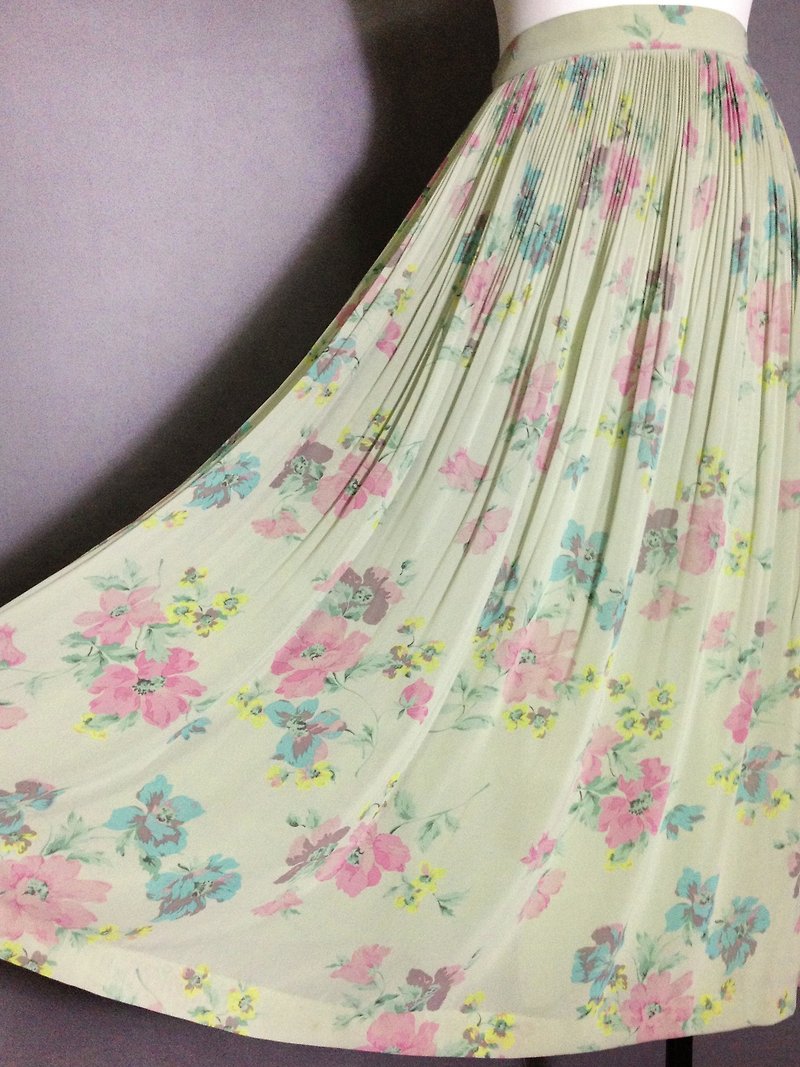 When vintage [antique dress / flower big skirt chiffon vintage dress] abroad back to high texture - Skirts - Polyester Green