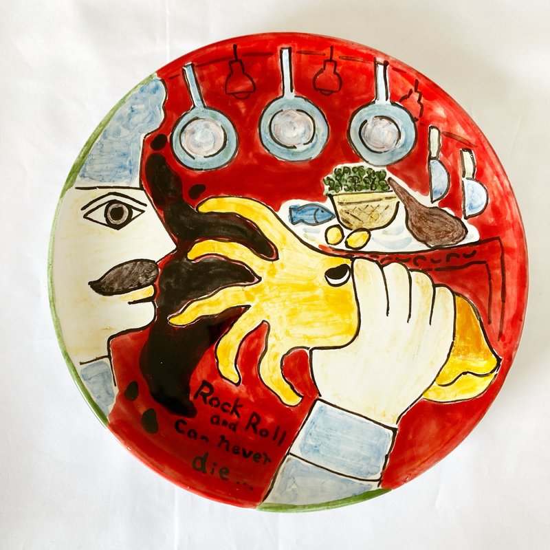 絵皿 26cm コウイカ vs Italian Chef マヨリカ焼き イタリア陶器 ウォールデコ　飾り皿 - 壁貼/牆壁裝飾 - 陶 紅色