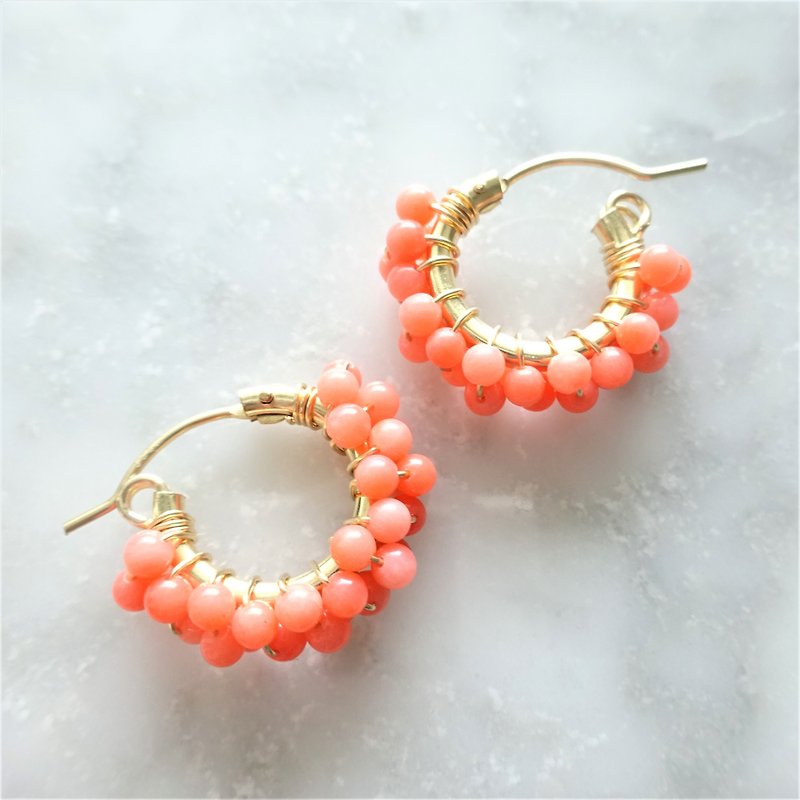14kgf*Pink Orange Coral pavé pierced earring / earring - ต่างหู - เครื่องเพชรพลอย สึชมพู