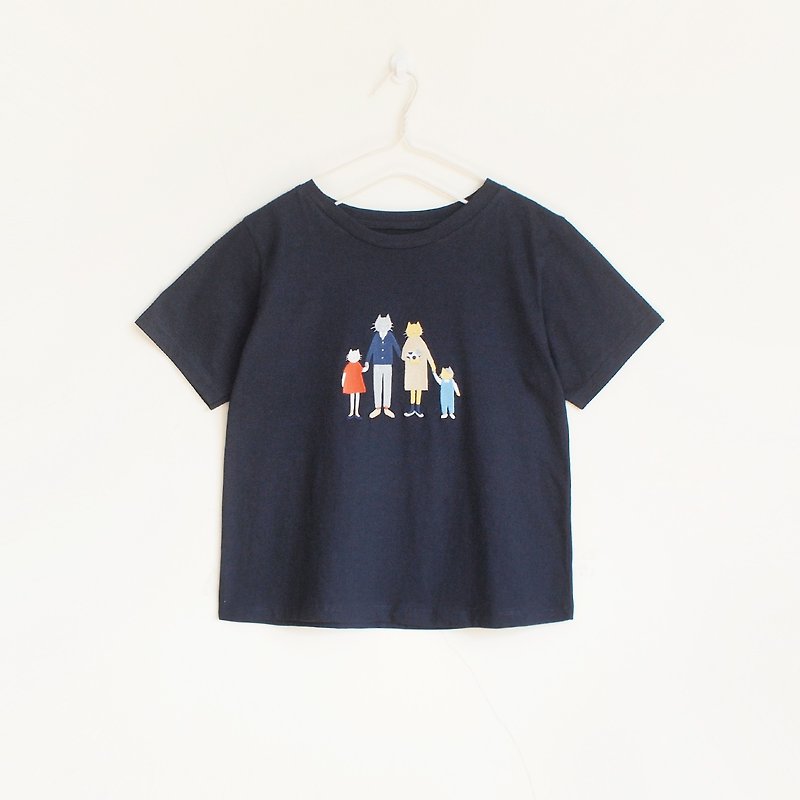 cat family t-shirt : navy - T 恤 - 棉．麻 藍色