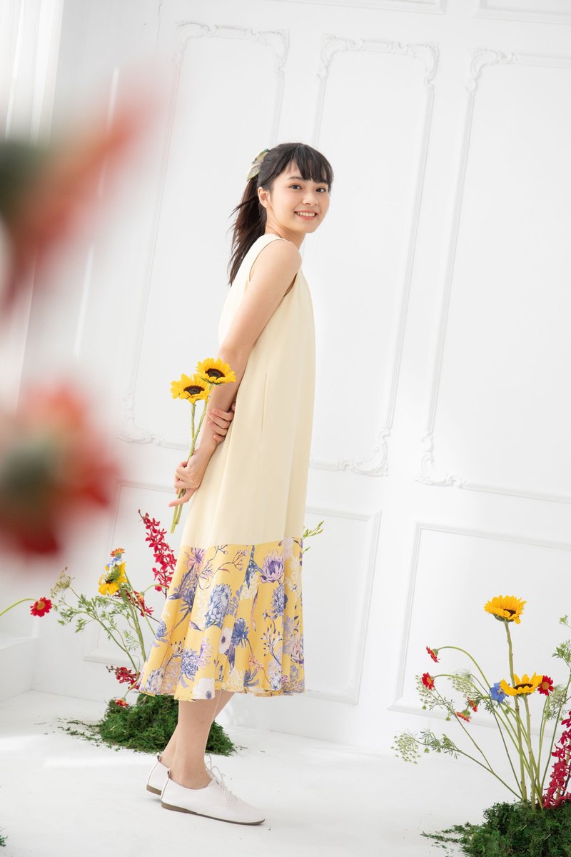 【露台上的波麗】無袖款 美人魚尾洋裝 皇后普蒂亞 黃 附印花腰 - 洋裝/連身裙 - 其他材質 黃色