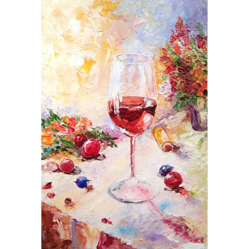 Wine Original Painting, Floral Bouquet Art, Flower Wall Art, Impasto Artwork - 海報/掛畫/掛布 - 其他材質 多色