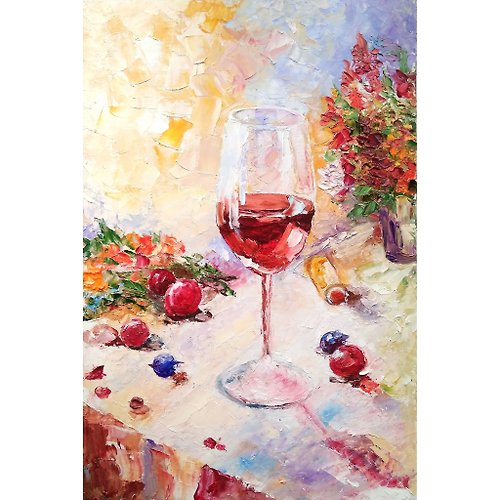 ColoredCatsArt Wine Original Painting, Floral Bouquet Art, Flower Wall Art, Impasto Artwork