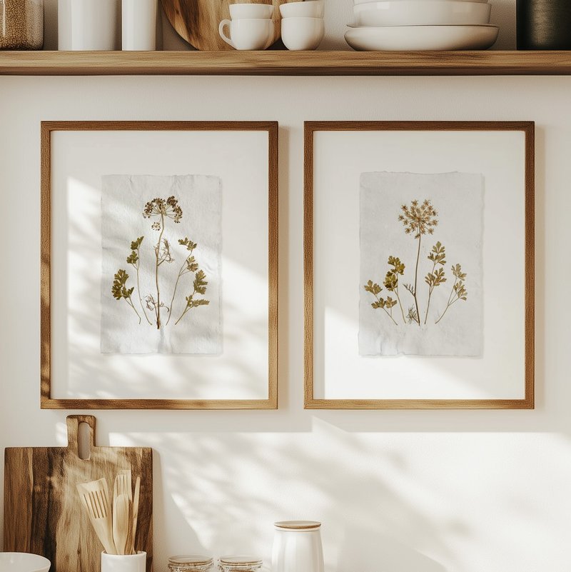 Gallery Wall Set of 2 Brown Fennel Green Parsley Dried Plant on Recycled Paper - 壁貼/牆壁裝飾 - 紙 綠色