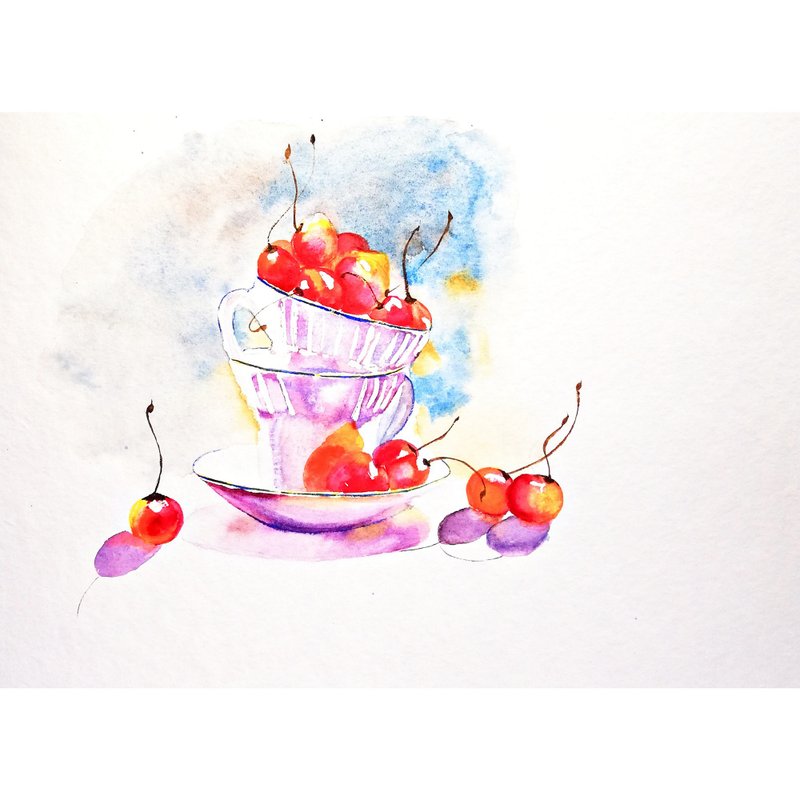 Watercolor Original Fruits Art Cherry Roome Decor Painting Still Life Artwork - โปสเตอร์ - กระดาษ หลากหลายสี