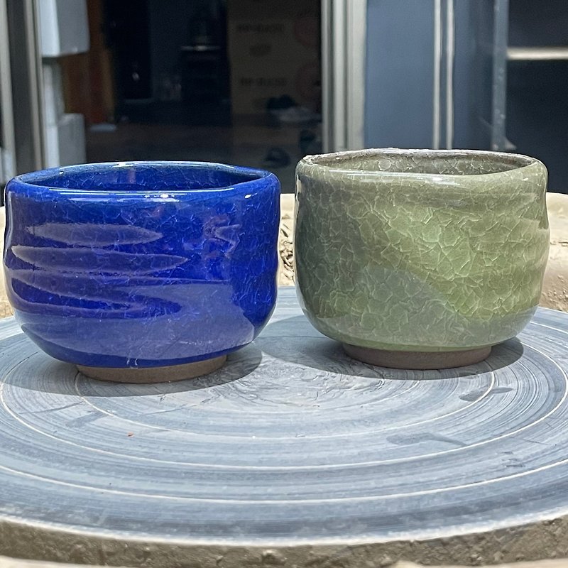 青瓷冰裂小茶碗2件組 - 茶具/茶杯 - 陶 藍色
