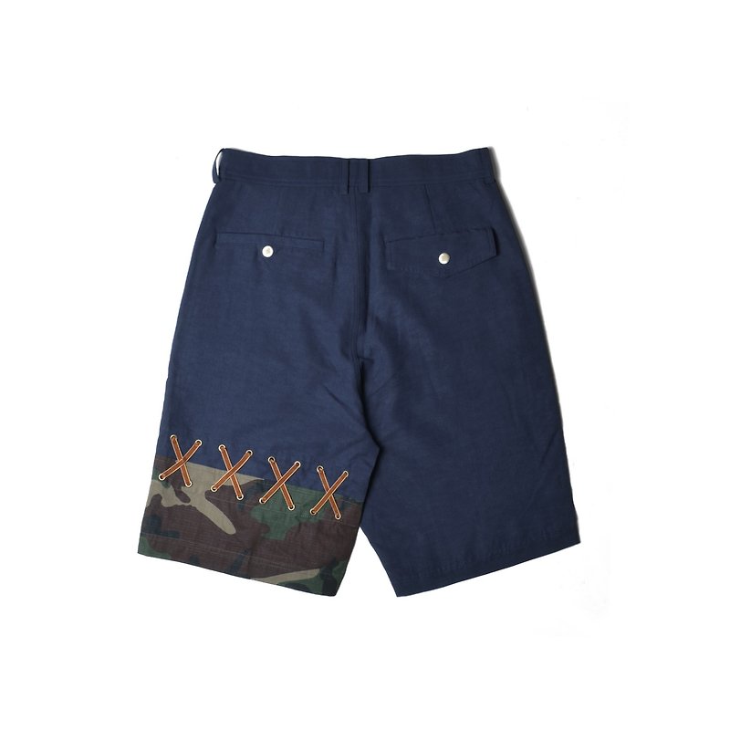 oqLiq - Root - Drawstring Shorts (Dark Blue x Camo) - กางเกงขายาว - ผ้าฝ้าย/ผ้าลินิน สีน้ำเงิน