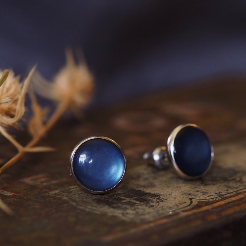 Limited Edition - Button Series - Cat Eye Glossy Earrings Dark Blue - Earrings & Clip-ons - Copper & Brass Blue