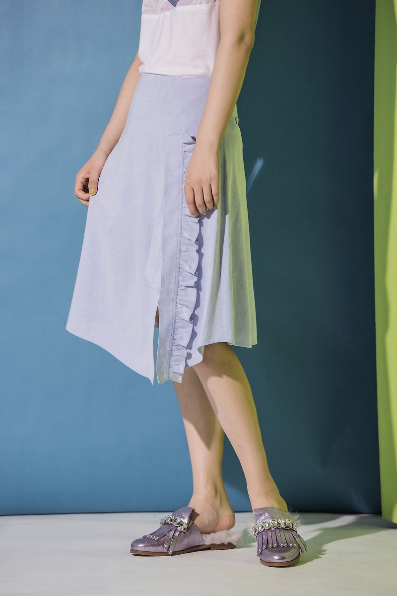 Lotus leaf mid-length A-line skirt - กระโปรง - เส้นใยสังเคราะห์ สีน้ำเงิน
