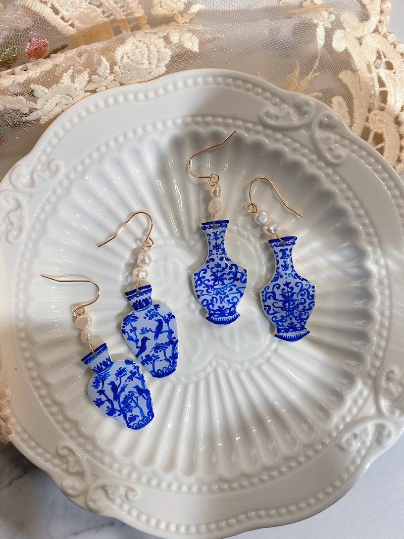 14k gold | hand-painted blue and white porcelain | freshwater pearls | Clip-On please note - Earrings & Clip-ons - Pottery 