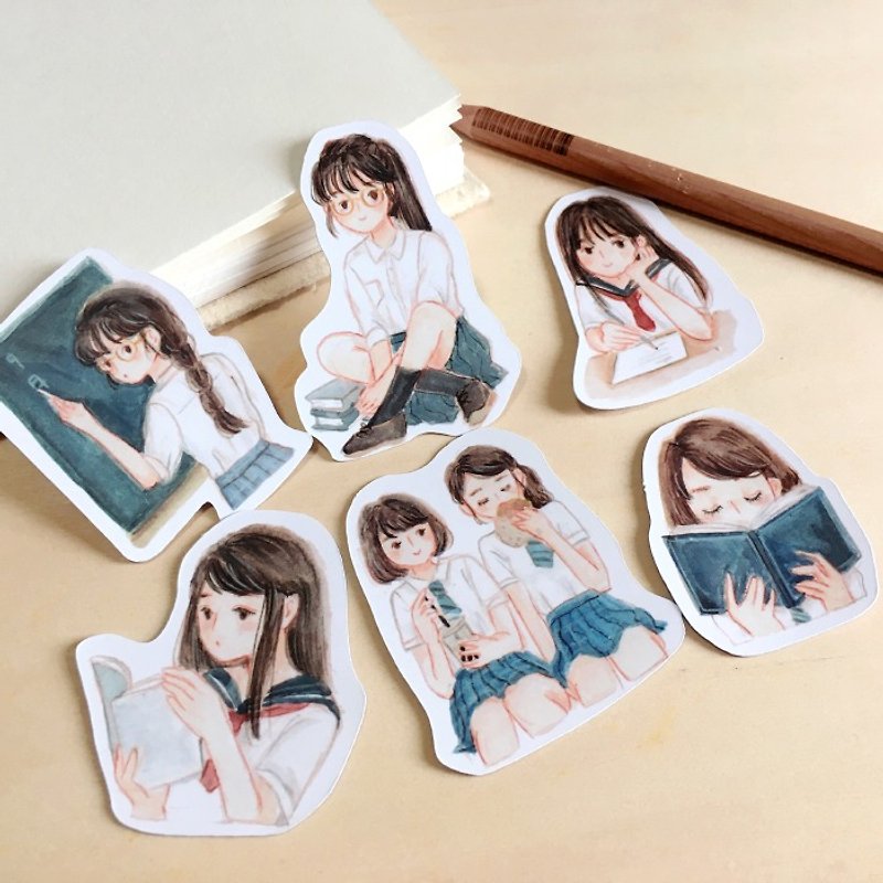 School Girls Waterproof Stickers 6pcs - สติกเกอร์ - กระดาษ ขาว
