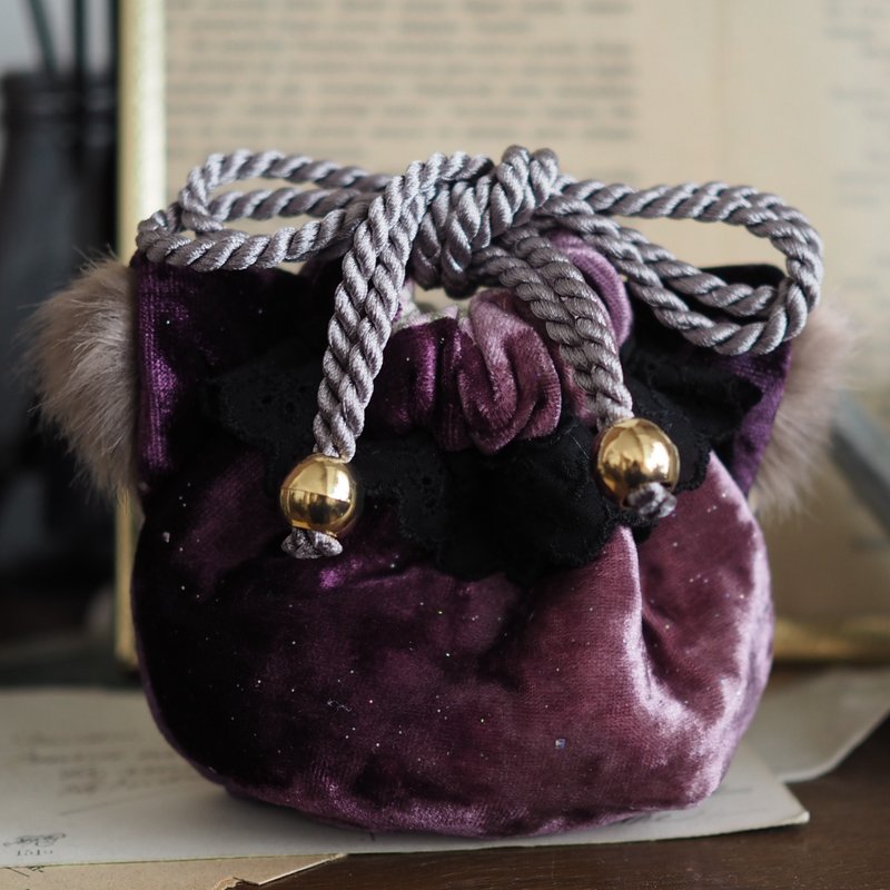 Cat-shaped glossy velvet witch mini cat ear drawstring pouch (one-of-a-kind piece) - Toiletry Bags & Pouches - Genuine Leather Purple