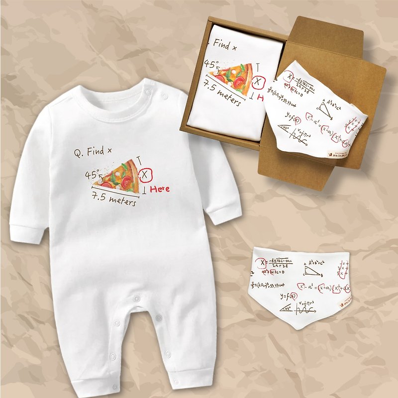 天才數學寶寶 長袖連身衣 三角巾禮盒 白 嬰兒 滿月 禮物 - 彌月禮盒 - 棉．麻 白色