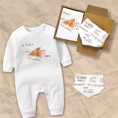 孩子陪你趣味童裝製造所 天才數學寶寶 長袖連身衣 三角巾禮盒 白 嬰兒 滿月 禮物
