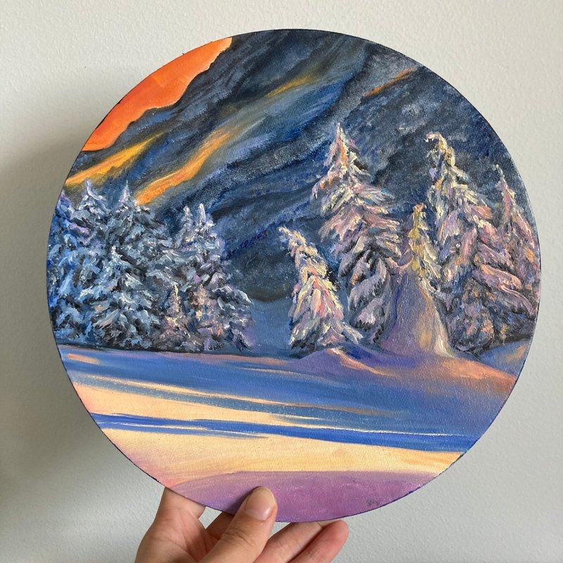 Winter Oil Painting, Sunset Snow Painting, Snow Artwork, Landscape Oil Painting - 海報/掛畫/掛布 - 棉．麻 藍色